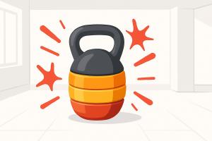 Illustration d’une kettlebell modulaire avec poignée noire et disques rouge orangé dans une salle de sport à domicile lumineuse, avec des formes rouges dynamiques symbolisant l’énergie et la promotion