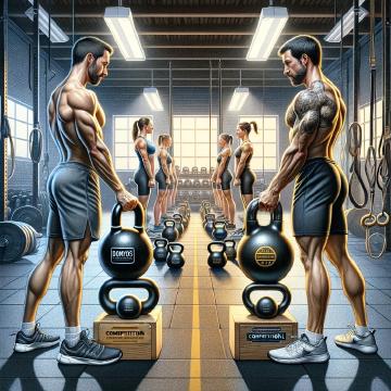 L'illustrazione mette a confronto le kettlebell Domyos con quelle da competizione in un ambiente di palestra professionale, evidenziando le differenze di design, dimensione e uso specifico per gli obiettivi di fitness.