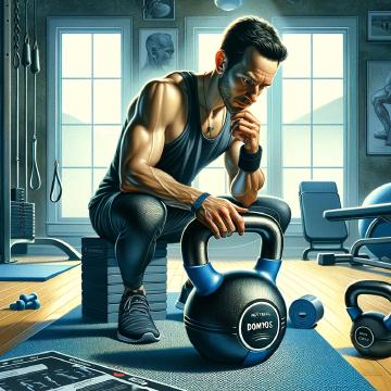 Un appassionato di fitness esamina attentamente una kettlebell Domyos in un ambiente domestico ben attrezzato.