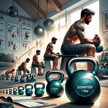 L'illustrazione mostra l'evoluzione di un appassionato di fitness con le kettlebell Domyos, evidenziando il passaggio da una kettlebell da 16kg a quelle da 12kg e 8kg per un allenamento progressivo. Si nota il miglioramento della tecnica e la determinazione nel percorso fitness casalingo, con un accento sull'importanza di iniziare con pesi gestibili e sulla persistenza negli allenamenti.