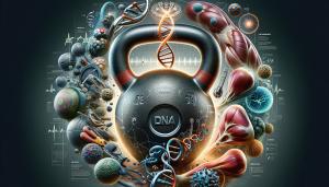 L'immagine di copertina fonde fitness e scienza, mostrando un kettlebell al centro, circondato da elementi scientifici come DNA e neuroni, per evidenziare i benefici olistici dell'allenamento con kettlebell.