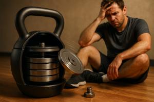 Uomo seduto in palestra con espressione frustrata accanto a un kettlebell componibile aperto, con i dischi interni e il bullone di chiusura allentato che provoca vibrazioni.