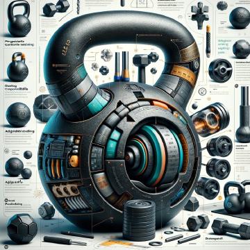 An adjustable kettlebell at the center of the illustration, highlighting its versatility and ability to adapt to different training levels with the addition or removal of internal disks.