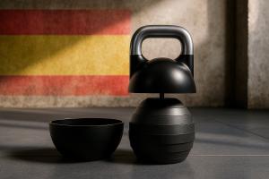 Kettlebell ajustable FlexiBell 2 con bandera de España en un fondo de gimnasio