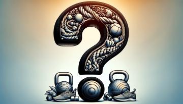 Cette image présente un grand point d'interrogation au centre, symbole iconique qui capte immédiatement l'attention. Le point d'interrogation est composé d'éléments associés au fitness : les cordes forment la partie courbe, tandis qu'un kettlebell sert de point en bas. Autour de cette figure centrale, divers équipements de gym, comme des haltères, des tapis de yoga et des chaussures de course, sont disposés de manière artistique et détaillée. Ces éléments se fondent de manière continue, entourant le point d'interrogation et créant une image qui évoque le monde du fitness. Le tout est sur un fond avec un dégradé subtil, qui met en valeur la figure centrale sans l'écraser.