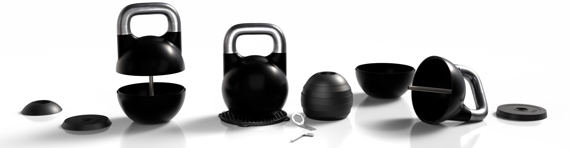 Veduta dall'alto del kettlebell componibile FlexiBell 2 con le chiavi in dotazione e tutti i pesi inseriti all'interno.