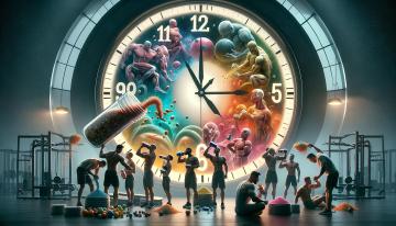 Un orologio con un segmento evidenziato tra 30-60 minuti, circondato da icone di proteine, frutta e persone che si allenano.