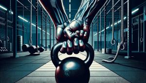 Al centro dell'immagine, si notano delle mani robuste e curate che afferrano saldamente un kettlebell, simboleggianti forza e dedizione. Queste mani sono rappresentate con grande dettaglio, evidenziando la pelle sana e le unghie ben tenute, mentre la presa sicura sul kettlebell riflette l'impegno e la passione per il fitness e l'allenamento con i pesi. Lo sfondo dell'immagine richiama l'atmosfera di una palestra di CrossFit, con elementi come corde, pesi sparsi e un pavimento con texture gommata che aggiunge un senso di autenticità e impegno fisico.