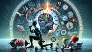 L'immagine mostra una fusione tra scienza e fitness, con elementi come un orologio integrato in una silhouette umana che esegue un esercizio, un cervello con ingranaggi, un calendario con icone di allenamento, e DNA, rappresentando visivamente l'ottimizzazione dell'allenamento attraverso l'ascolto del corpo e la ricerca scientifica