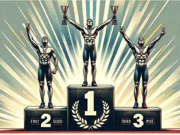 L'illustrazione mostra un podio di primo, secondo e terzo posto, ispirato alle immagini tipiche delle riviste di fitness. Al centro, sul gradino più alto, si trova l'elemento portante dell'immagine, simbolo del trionfo e dell'apice del successo nel contesto del fitness e della salute. Questo elemento è rappresentato con grande enfasi, esprimendo forza, determinazione ed eccellenza. Ai lati, leggermente più in basso, ci sono il secondo e il terzo posto, occupati da figure che, pur celebrando i loro successi, guardano con ammirazione verso il vincitore al centro. L'atmosfera è festosa, con un sfondo che esalta sottilmente il momento di celebrazione senza distogliere l'attenzione dal fulcro della composizione. La rappresentazione è dettagliata ed iconica, catturando l'essenza della competizione e del trionfo personale nel fitness.