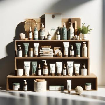 Un'esposizione organizzata di prodotti per la cura delle mani su uno scaffale in legno, con creme, balsami e lozioni per atleti. Ogni prodotto è etichettato per recupero e idratazione. Lo sfondo è bianco, con un tocco di verde per richiamare il benessere e lo sport.