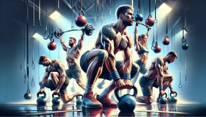 L'immagine rappresenta una vivida e dinamica scena di Ghiri Sport, una disciplina che mette in risalto la forza, l'agilità e la strategia degli atleti attraverso l'uso di kettlebell. Al centro, troviamo tre atleti in azione, ognuno impegnato in una delle discipline principali: Snatch, Jerk, e Long Cycle. Ogni atleta mostra una concentrazione e una tecnica impeccabile, evidenziando la potenza e la precisione necessarie in questo sport.