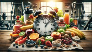 Al centro dell'immagine, un orologio con evidenziati i minuti post-esercizio circonda cibi nutrienti: frutta, proteine magre, cereali integrali, accanto a bottiglie d'acqua e bevande elettrolitiche, simboleggianti l'importanza dell'idratazione. L'ambiente suggerisce sottilmente uno spazio fitness, collegando visivamente l'importanza della tempistica nell'assunzione di nutrienti al contesto dell'allenamento