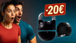 Joven mujer y hombre deportistas sorprendidos junto a la kettlebell ajustable FlexiBell 2 con un descuento de 20 euros