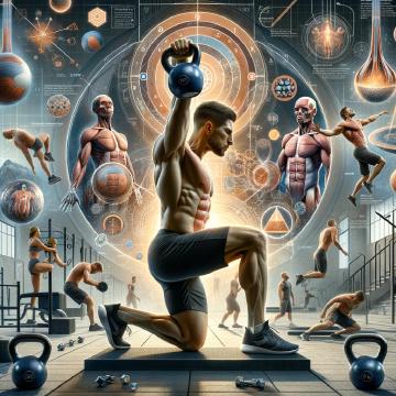 L'illustrazione evidenzia l'effetto dell'allenamento con kettlebell sulla stabilità del core e sull'equilibrio, mostrando un atleta che esegue un esercizio di kettlebell che enfatizza l'attivazione muscolare del core e la sfida all'equilibrio.