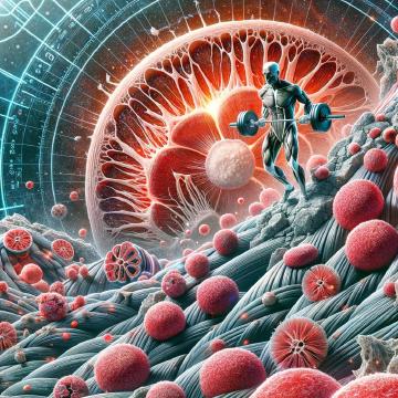 L'illustrazione mostra le microlesioni muscolari e la risposta infiammatoria causate dall'esercizio, accanto a una figura che solleva un kettlebell, collegando visivamente l'attività fisica alla risposta muscolare.