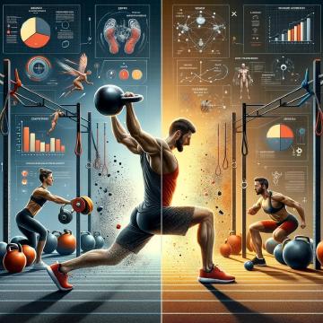 L'illustrazione mette a confronto l'allenamento con kettlebell e l'allenamento con pesi tradizionali, evidenziando le differenze nell'engagement muscolare e nei benefici per forza e potenza.