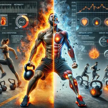 Un'immagine dettagliata che confronta le richieste metaboliche degli allenamenti con kettlebell rispetto agli esercizi cardio tradizionali, mostrando un atleta che si allena con intensità con un kettlebell accanto a uno che esegue un esercizio cardio, evidenziando l'efficacia superiore del kettlebell nell'incrementare il metabolismo e il dispendio calorico.