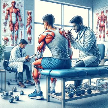 L'illustrazione mostra un atleta in consultazione con un professionista della salute, come un fisioterapista o un medico sportivo, evidenziando l'importanza di cercare consulenza professionale per dolori muscolari persistenti o gravi.