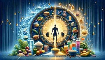 Un'immagine che simboleggia la finestra anabolica con una finestra luminosa al centro, cibi sani e un frullato proteico all'interno, e cibi malsani respinti all'esterno. Angoli evidenziano l'importanza dell'idratazione.