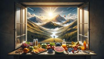 Un'ampia finestra aperta su un paesaggio di montagne all'alba, con alimenti sulla soglia e figure che si allenano in lontananza, simboleggiando l'importanza della nutrizione post-allenamento per il recupero muscolare.