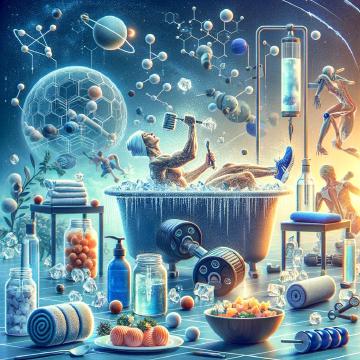 L'illustrazione mostra una persona impegnata in tecniche di recupero post-allenamento, come l'uso del foam roller, il bagno in acqua ghiacciata e lo stretching, circondata da elementi che sottolineano l'importanza dell'idratazione, della nutrizione e del riposo.
