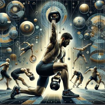 Un atleta affronta la sfida del Pentathlon nel ghiri sport, eseguendo uno degli esercizi con kettlebell circondato dalla rappresentazione simbolica degli altri quattro, in un tributo alla forza, tecnica e resistenza.