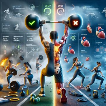 L'immagine illustra il confronto dei tassi di infortunio tra l'allenamento con kettlebell e quello con bilanciere tra i sollevatori novizi, mostrando la sicurezza superiore del kettlebell con simboli visivi di approvazione a fronte dei rischi maggiori associati al sollevamento del bilanciere.