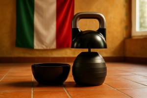 Atleta che si allena con un kettlebell componibile FlexiBell 2 in una home gym minimal con luce naturale