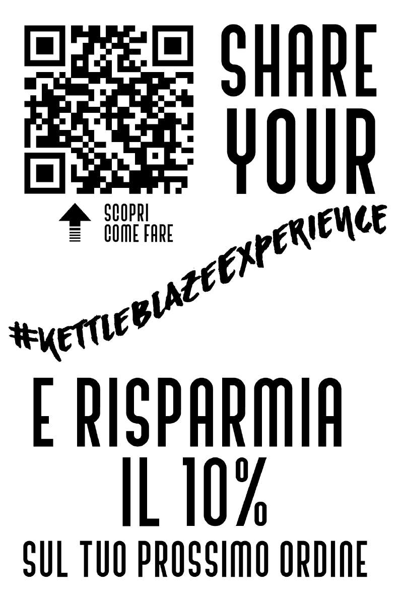 Condividi su Instagram con l'hashtag #KettleblazeExperience la tua esperienza con i prodotti Kettleblaze e ottieni uno sconto del 10% sul prossimo ordine. Valido anche per i tuoi amici!