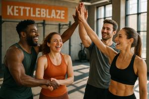 Group of smiling athletes after a workout celebrating the ShareBlaze community